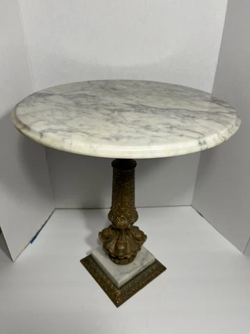 MCM Italian Marble Table Brass Dolphin Base 16.5" HOLLYWOOD REGENCY Cover