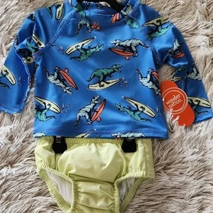 NWT baby boy Swim suit 3 - 6 months.Surfing dinosaurs.Rashguard and diaper cover - Picture 1 of 3