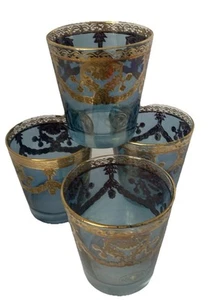 4 Set Preziosi Blue Glass Tumblers + 22K Gold Filigree Made In Italy MCM Style - Picture 1 of 12