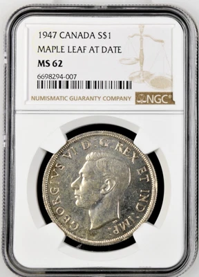 1947 CANADA SILVER DOLLAR GEORGE VI NGC MS62 MAPLE LEAF MINTAGE 21,135 - Image 1 of 3