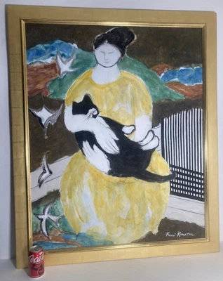 复古原版油画女士猫金叶框架小松美签名 — 第 1/4 张图片