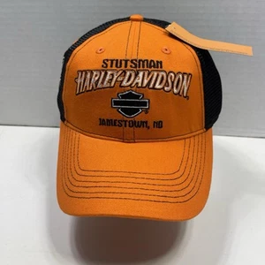 Harley-Davidson Black Orange Trucker Style Hat Cap Mesh Back Jamestown ND NWT - Picture 1 of 8