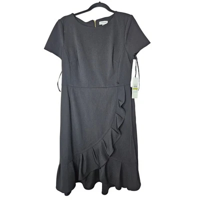 NUEVO Vestido Calvin Klein 14 Negro Volantes Envolvente Carrera Profesional Manga Corta Foto 1 de 4