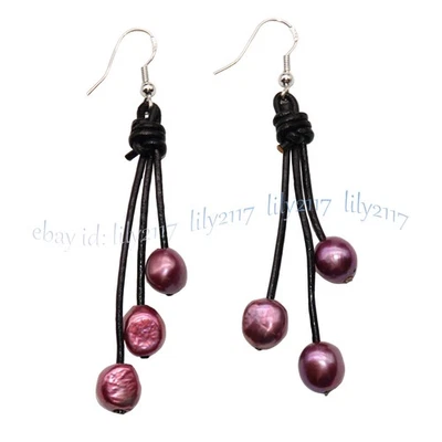 Pendientes de gancho colgantes de cuerda de cuero negro con perlas barrocas naturales de agua dulce 9-10 mm Foto 1 de 4