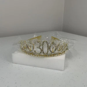 Tiara 30 Metal Golden Rhinestones 30th Birthday Crown Costume Comb Ends - Picture 1 of 6