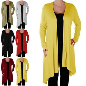Ladies Womens Hanky Hem Waterfall Plain Front Open Jersey Long Sleeve Cardigans - Picture 1 of 6