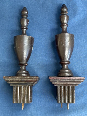 2 Vintage Antique Wood Finials with Bases 8 3/4" Tall Furniture Salvage Cover
