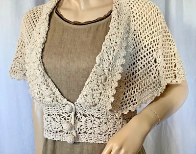 Victorian shawl Vest jacket Wrap ecru Cotton knit Vintage cottage Homestead boho - Image 1 of 4