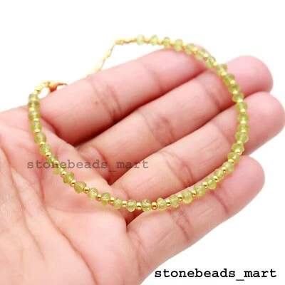 Green Peridot Gemstone 4 mm Rondelle Faceted Beads Unisex Bracelet 7"./ - Image 1 of 4