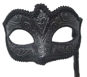 Venezianische Mitternacht schwarz funkelnde Maskerade Party Ball Maske Hand auf STICK - Bild 1 von 6