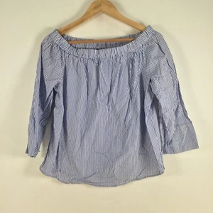 Zara womens blouse top size M white blue striped 3/4 sleeve off shoulder 085384 - Picture 1 of 8