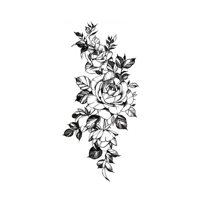 DELUSION TATTOOS Feines Rosen Temporäres Tattoo - Schwarz Blumen Blumen Damen Kinder Arm Bein Wasserdicht