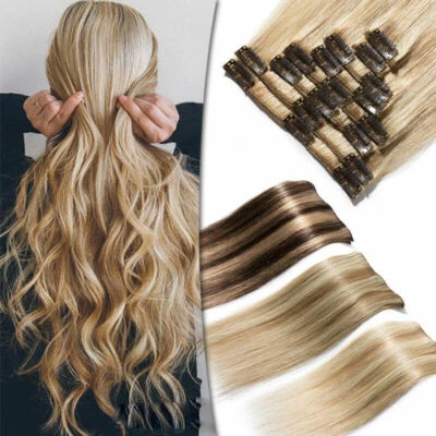 Echthaar Clip In Extensions dick 8 Tressen Set Tresse Remy Haar Haarverlängerung - Bild 1 von 4
