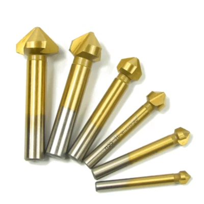 6 Pc 3 Flute HSS Titanium Chamfer Chamfering End Mill Cutter Bit Countersink Set - Image 1 of 3