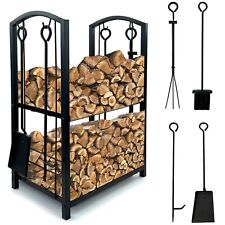 Firewood 2 Tier Rack Log Holder Wood Storage with Hooks 4 Tools Black