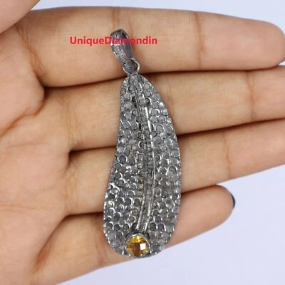 Natural Diamond Natural Citrine Pedant Sterling Silver vintage Pendant Gift Item - Image 1 of 4