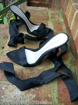 JESSICA BENNETT STRAPPY SEXY BLACK SATIN RIBBON ANKLE TIE STILETTO HEEL SANDAL 7 - Image 1 of 4