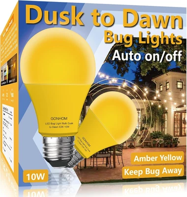 Dusk to Dawn Bug Light Bulb Outdoor,2 Pack Amber Bug Light Bulb,Auto On/Off,10W( - Image 1 of 4