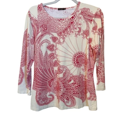 Top manga 3/4 estampado cachemir rojo crema tela Catalina talla M J McLaughlin Foto 1 de 4