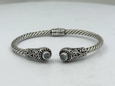 Bracelete de punho articulado com cabo de topázio azul prata esterlina assinado por designer GDS 6-7/8” - Imagem 1 de 4