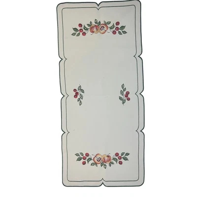 Embroidered Table Runner Apples Cherries Green Trim Scalloped Edge 36 Inches - Image 1 of 4