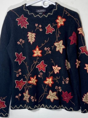 Reference Point 毛衣女式 S 黑色秋叶圆领 Ramie — 第 1/4 张图片