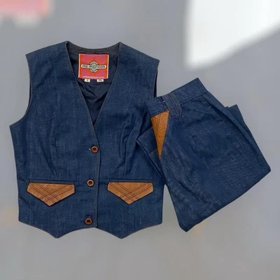 De Colección Años 70 Ms. Pioneer Denim Cuero Chaleco Pantalones Conjunto de 2 Piezas Mujer 6 Azul Tostado EE. UU. Foto 1 de 4