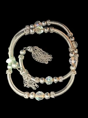 Pulsera vintage envolvente con borla de cadena cuentas brillantes tono plata talla 7" Foto 1 de 4
