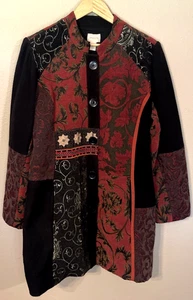 Chico's Red & Black Tapestry Coat Size 3 Floral Embroidery Boho Artsy Career XL - Picture 1 of 9