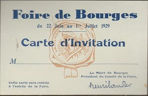 18 BOURGES CARTE INVITATION FOIRE DE BOURGES 1929 - Picture 1 of 1