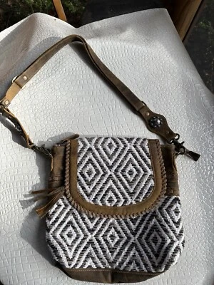 Myra Bag Aztec Tapestry Genuine Leather Silver Concho Shoulder Tote Brown Cream - Image 1 of 4