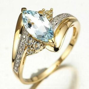Halo Size 7 Aquamarine Sapphire 18K Gold Filled Fantastic Womens Wedding Ring