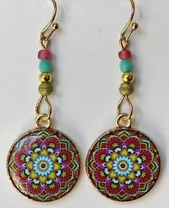 Gold with Multi Color Mandala Flower Earrings. - Picture 1 of 3