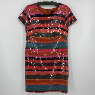 Vestido recto Corey Lynn Calter para mujer naranja negro a rayas lentejuelas talla 12 usado en excelente estado Foto 1 de 4