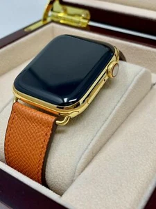 24K Gold Plated 44MM Apple Watch SERIES 4 Orange Leather Band GPS+LTE CUSTOM - Picture 1 of 12