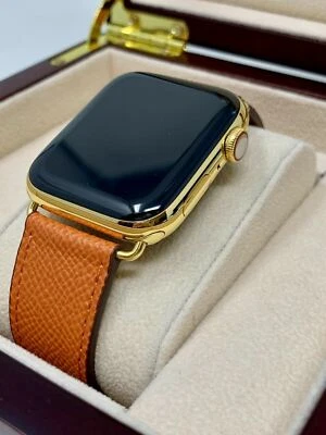 24K Gold Plated 44MM Apple Watch SERIES 4 Orange Leather Band GPS+LTE CUSTOM - Image 1 of 4