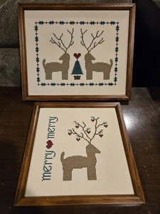 Vtg Cross Stitch Reindeer Christmas 8.75"x8.75"  & 12"x9.5" Framed Picture Pair  - Picture 1 of 6