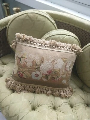 Beautiful Sussex House Feather Pillow Fringed Tapestry Embroidery 16" x 12" - Image 1 of 4