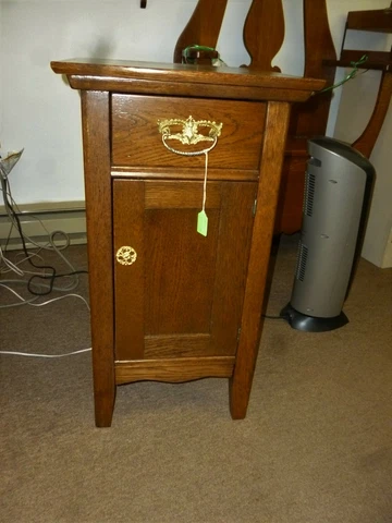 Antique Oak Night Stand end table accent table  refinished 1900' cast brass pull Cover