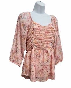 New Maurices Pink Floral Top Blouse Womens XS Fairy Dainty Cottage Puff Sleeve - Picture 1 of 5