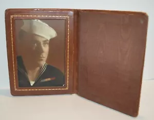 US Sailor Picture in Leather Photo Folder 5x7 Navy Nautical - Picture 1 of 3