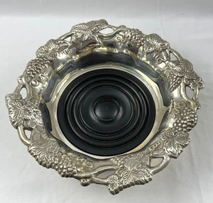 Vintage Silver Plated & Wood Wine Bottle  Coaster Holder Grapes Vines - Picture 1 of 8