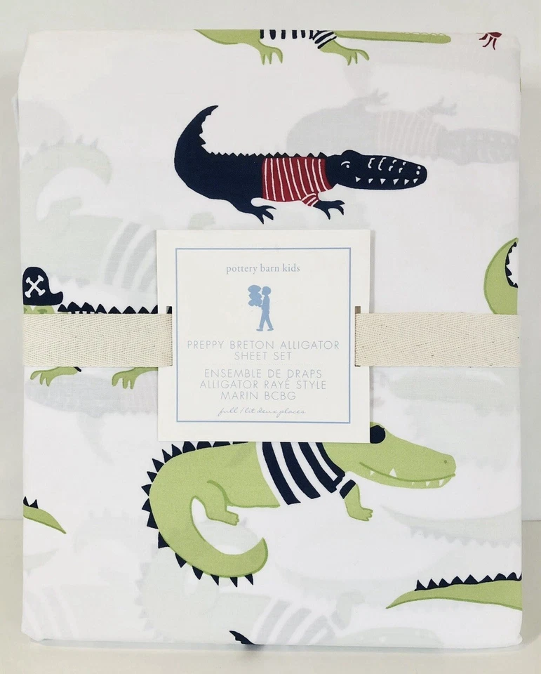 Pottery Barn Kids Full Size 4 Piece Sheet Set Preppy Breton Alligator Crab - Image 1 of 4