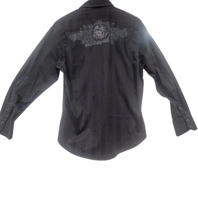 Camisa listrada grande 7 diamantes prata rosas pérola botões de pressão Rockabilly Western - Imagem 1 de 4