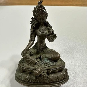 Bronze Kannon Statue 11cm Seated Bodhisattva of Compassion on Lotus Base Japanes - Picture 1 of 15