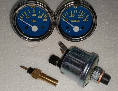 Gauges Kit- 52 Electrical Water Temp +Oil Pressure + Sensor units Blue Chrome - Image 1 of 4