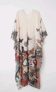 H&M Resort Kaftan Beach Cover Up Sheer Botanical Beige Butterfly Print One Size - Picture 1 of 17