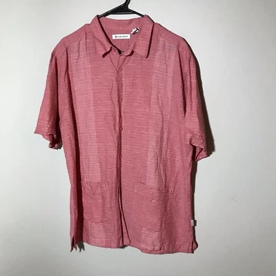 Cubavera mens L linen blend short sleeve button up shirt pink striped bowling - Image 1 of 4