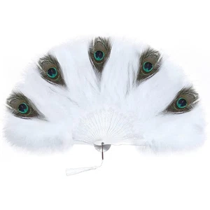 Colourful Peacock Marabou Feather Hand Fan Dance Folding Vintage Fancy Dress - Picture 1 of 18