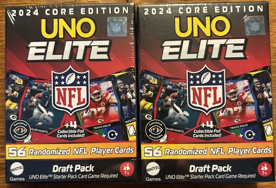 2024 Mattel UNO Elite NFL FACTORY DRAFT PACK - 56 Card Pack plus 4 Foils